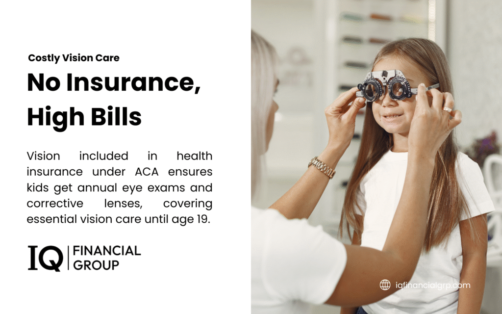 A split image with a young child smiling during an eye exam with an optometrist on the right, and a blue panel on the left with IQ Financial Group text about kids getting vision coverage. It explains that children under 19 often qualify for free or low-cost vision care through Medicaid or CHIP, covering exams, glasses, and treatments.