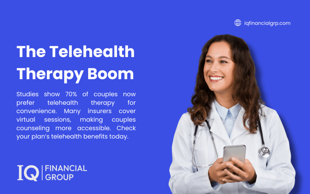 A doctor in a white coat uses a smartphone, showcasing the telehealth therapy boom. Text reveals 70% of couples prefer telehealth therapy for convenience, with insurers covering virtual sessions, making counseling accessible. Check your plan's benefits today.