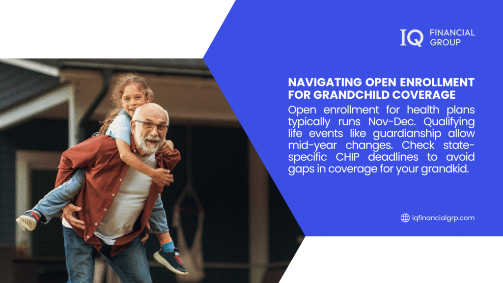  A grandfather giving a child a piggyback ride, with text on navigating open enrollment for grandchild coverage from IQ Financial Group.