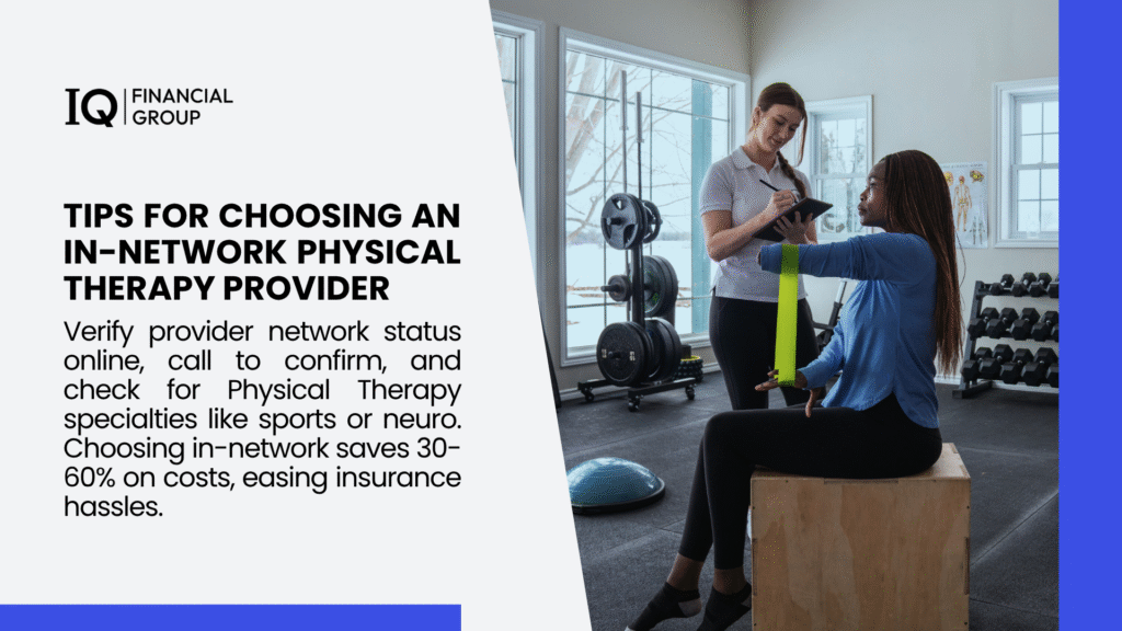 A therapist assisting a patient with a green resistance band in a gym, focusing on choosing an in-network physical therapy provider.