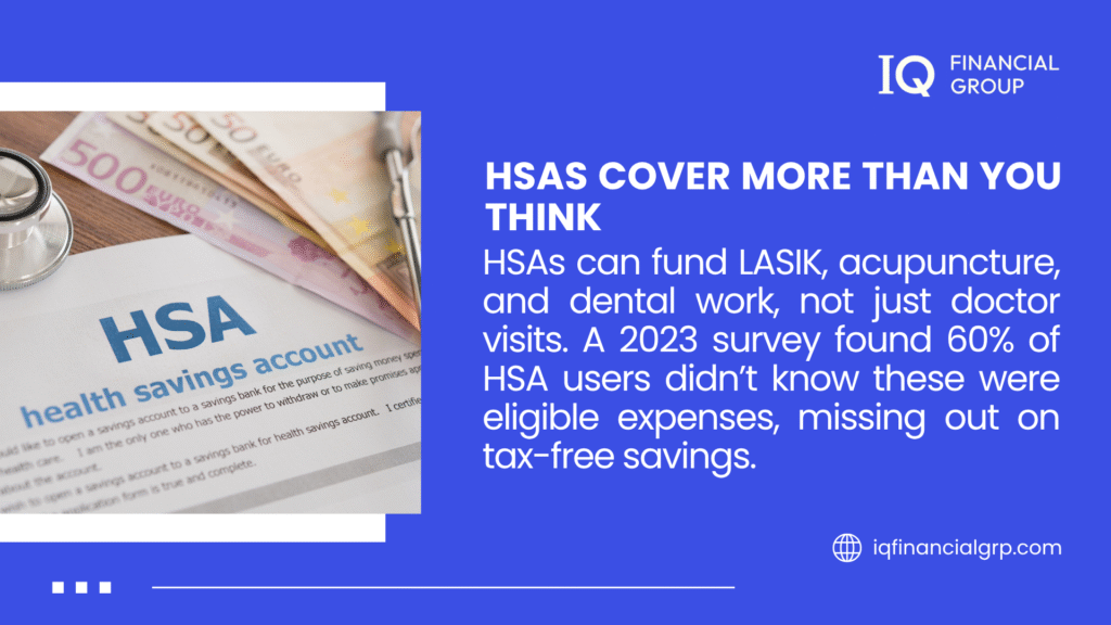 Image of an HSA document with a stethoscope and euro bills, highlighting HSA coverage for LASIK, acupuncture, and dental work, with a 2023 survey noting 60% of users unaware, from IQ Financial Group.