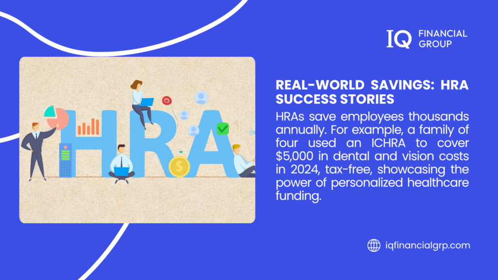 Infographic from IQ Financial Group on real-world HRA success stories, noting a family of four saved $5,000 in dental and vision costs in 2024 using an ICHRA, showcasing tax-free healthcare funding.