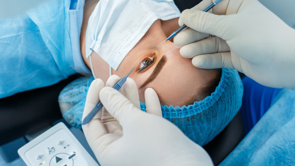 Close-up of cataract surgery with surgeons using tools on a patient's eye, showcasing a sterile operating room environment.