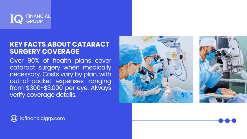 IQ Financial Group ad with images of cataract surgery, noting over 90% of health plans cover it, with out-of-pocket costs from $300-$3,000 per eye, urging coverage verification.