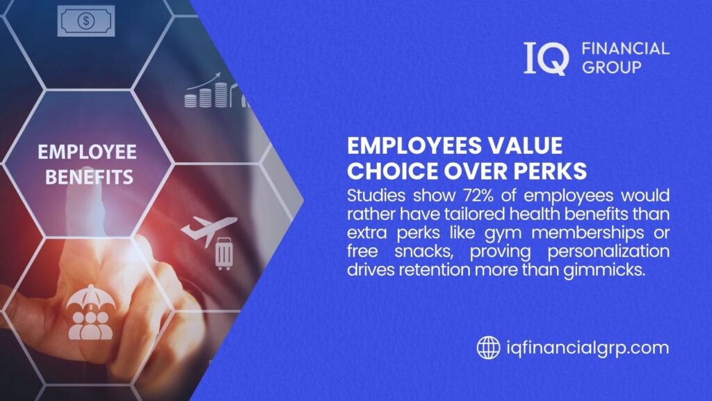 A hand interacts with a hexagonal interface showing employee benefits icons, with text from IQ Financial Group stating 72% of employees prefer tailored health benefits over perks like gym memberships or free snacks, emphasizing personalization for retention. - reducing cost with personalized health insurance for employees

