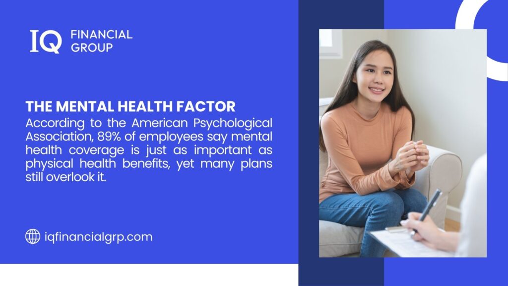 Image highlighting the mental health factor with a woman in a therapy session, noting the American Psychological Association finding 89% of employees value mental health coverage as much as physical benefits by IQ Financial Group. - personalized health insurance for employees