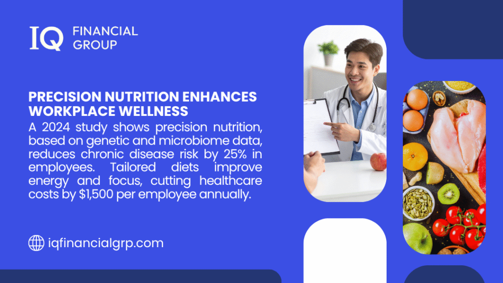 Future of Personalized Medicine for employees - Promotional image for precision nutrition by IQ Financial Group, featuring a doctor with a chart and healthy foods like fruits, eggs, and nuts, highlighting a 2024 study on reducing chronic disease risk by 25% and cutting healthcare costs by $1,500 per employee.