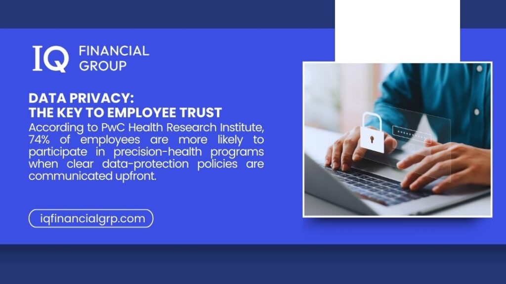 Hands on a laptop keyboard with a digital padlock and password icons superimposed, representing data privacy and security.