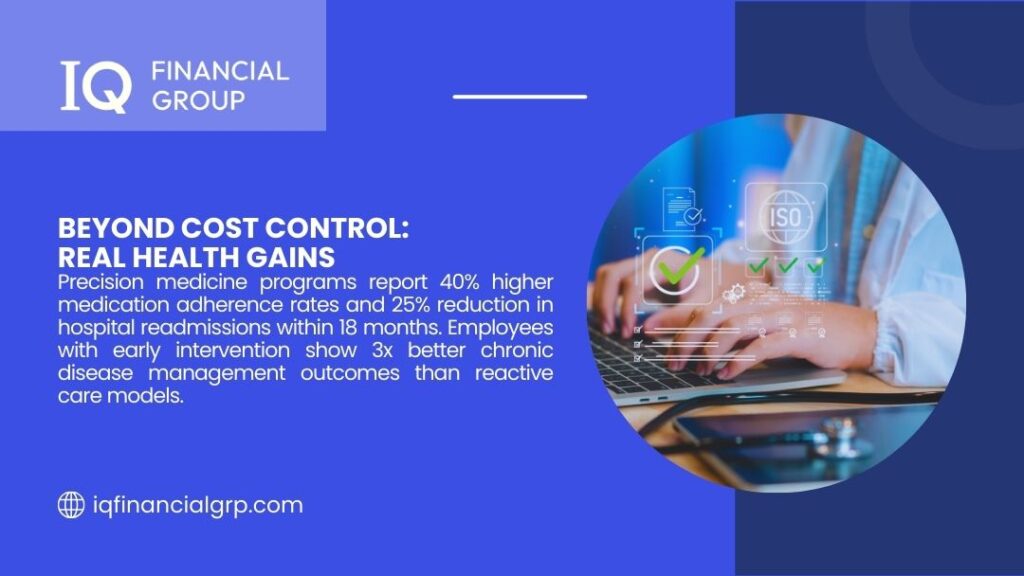 Healthcare professional using laptop with digital compliance icons, showing beyond cost control real health gains with 40% higher medication adherence rates.