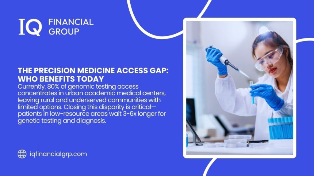 Scientist in lab coat using pipette with test tubes, highlighting the precision medicine access gap where 80% of genomic testing concentrates in urban centers.