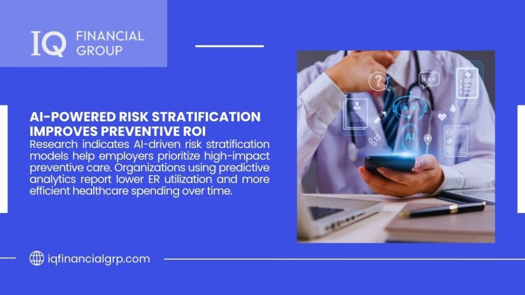 Healthcare professional holding smartphone with AI icons displaying risk stratification for preventive care optimization