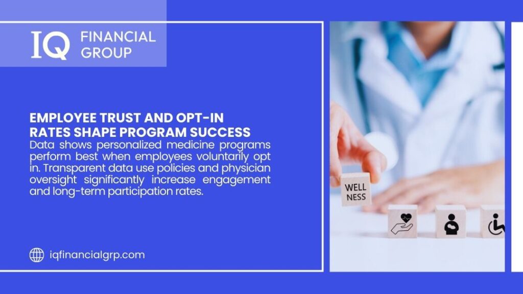 Healthcare professional arranging wellness icons showing employee trust and opt-in participation in personalized medicine programs